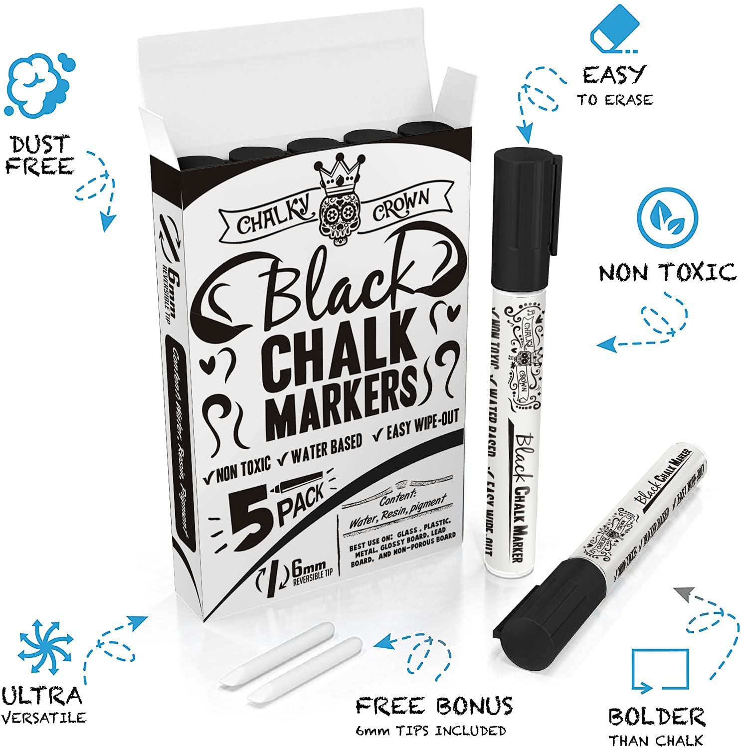 Liquid Chalk Marker Pen - Dry Erase Marker - Chalk Markers for Chalkboard Signs, Windows, Blackboard, Glass - 6mm Reversible Tip - 24 Chalkboard