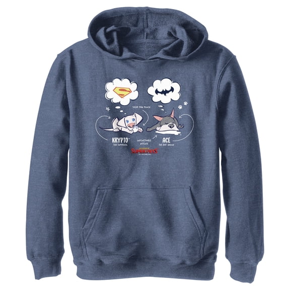 Boy's DC League of Super-Pets Cartoon Krypto and Ace Dreams  Pull Over Hoodie Navy Blue Heather Large