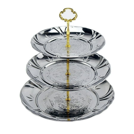 - 3-Tier Stainless Steel Candy Dessert Cupcake Fruit Plate Stand Plum Blossom Design - Silver + Golden S