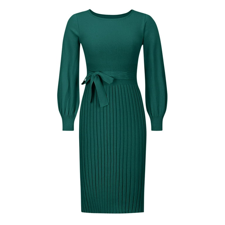 HAPIMO Women's Knee Length Straight Dress Solid Color Pleated Bandage  Spring Round Neck Elegant Casual Trendy Long Sleeve Army Green M -  Walmart.com