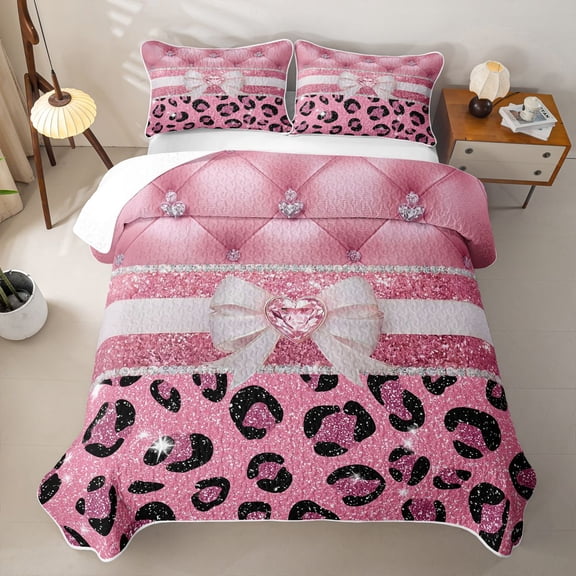 Erosebridal Glitter Print Leopard Twin Quilt Set,Hot Pink Heart Bow Twin Coverlet Set For Girls,2 Pieces