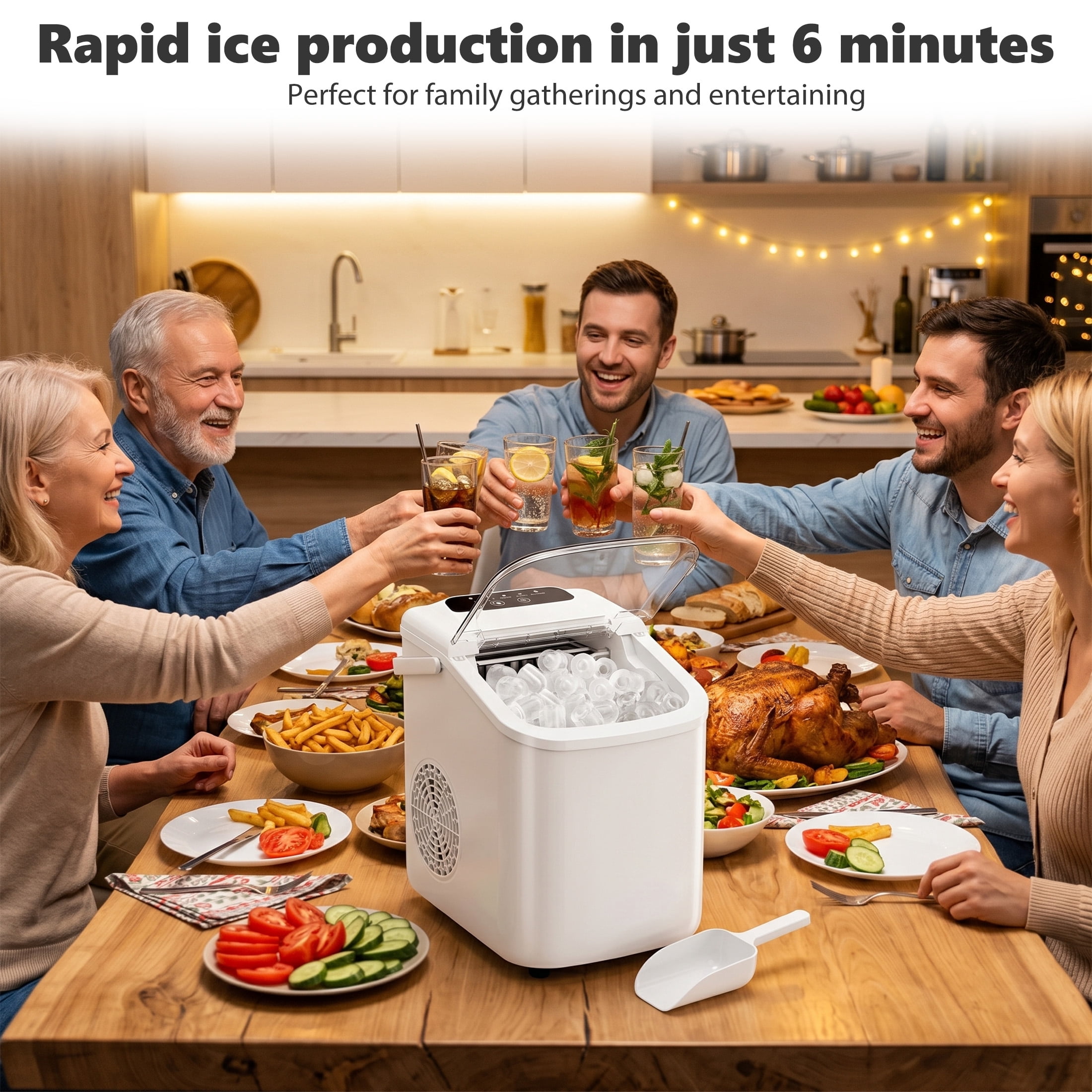 edx Ice Maker, Self-Cleaning Countertop Ice Maker, with Handle & Ice Scoop, 9 Bullet Cubes in 6~8 Mins, 26lbs Daily, White
