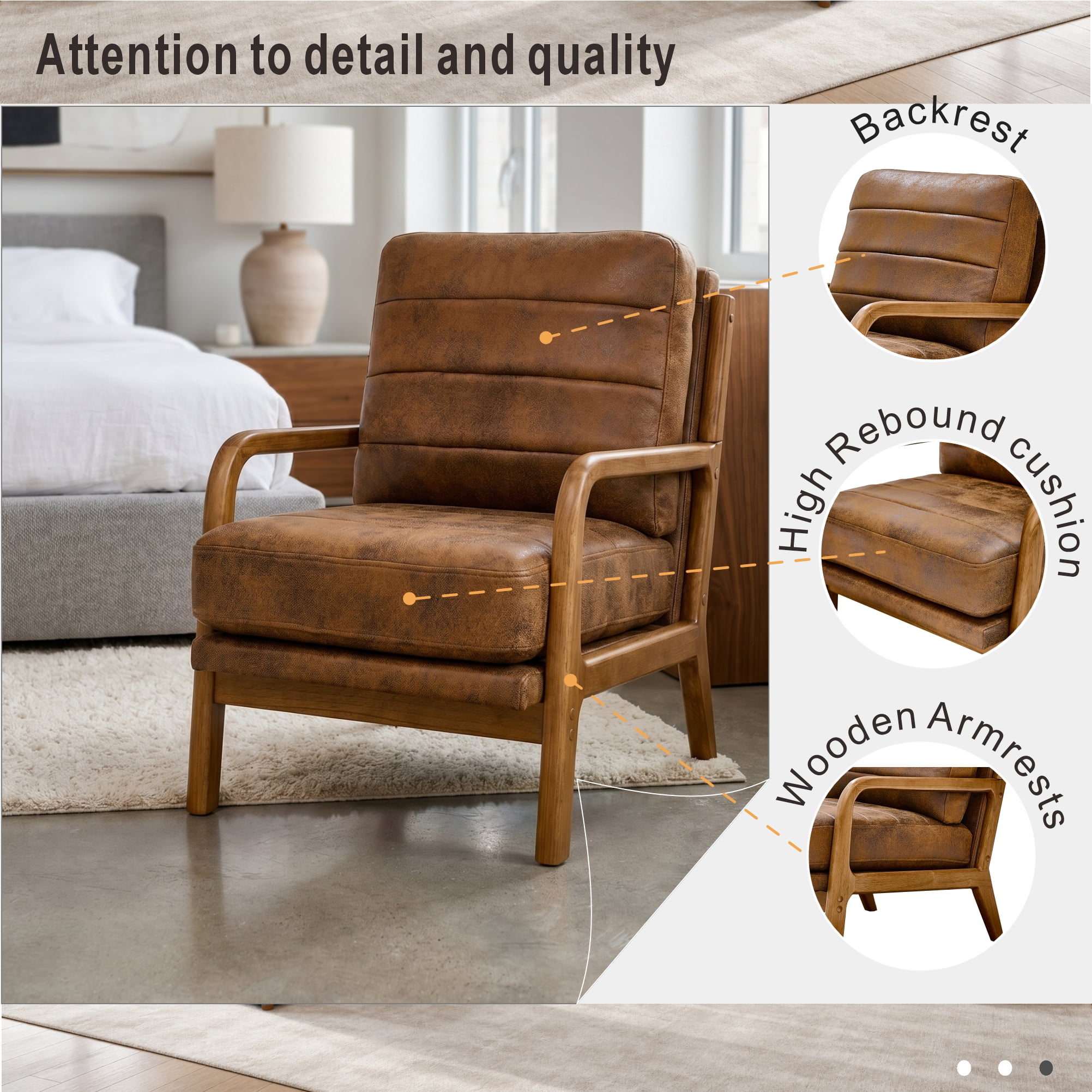 Foil Fabric Accent Chair with Solid Wood Frame, Modern Lounge Chair and Curved Armrest Reading Chair for Living Room Bedroom, Light Brown