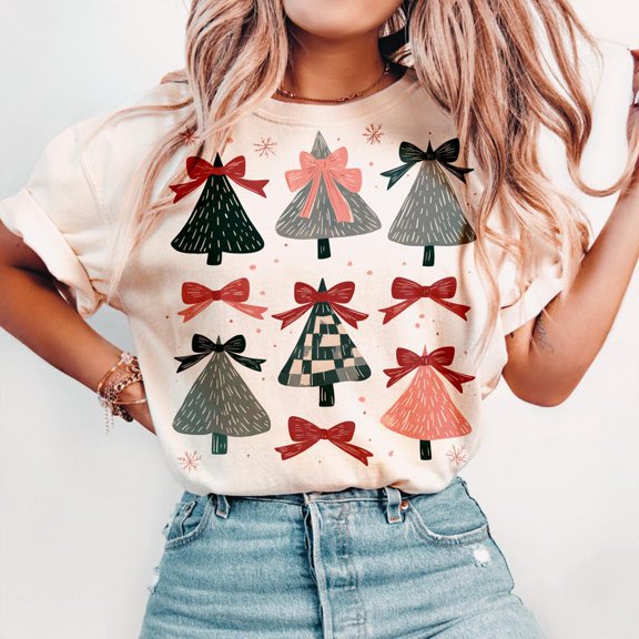 Girly Coquette Christmas Tree T-Shirt – Pink Bow Holiday Tee with Retro Tree and Bright Festive Colors