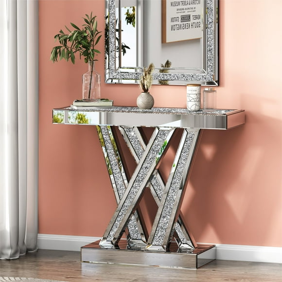 Glam Mirrored Rectangular Console Table W-shaped Base Sofa Table Console Table with Crushed Diamond