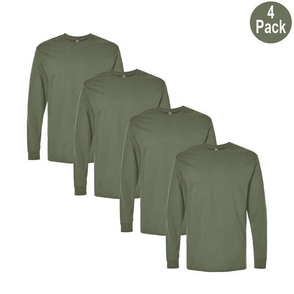 Gildan Men's Heavy Cotton Long Sleeve T-Shirt, Crew Neck Classic Fit Military Green Tee, S, 4 Pack