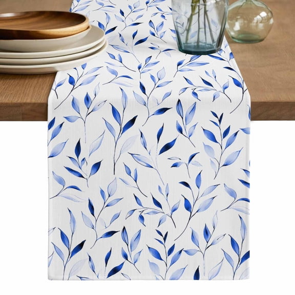 Blue Leaf Table Runner, Modern Botanical Foliage Plant Country Flower Washable Cotton Linen Table Runners 60 Inches Long, Dresser Scarf Runner for Coffee/TV Stands/Kitchen/Cabinets 13''x60''
