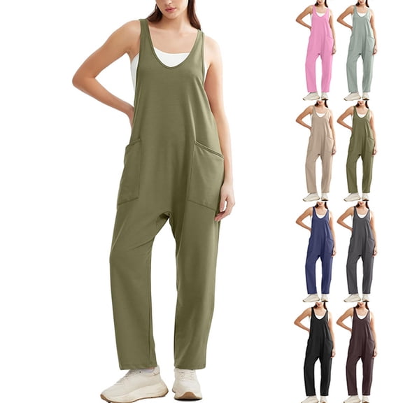FLMEI Women Casual Overalls Sleeveless Loose Jumpsuits Cotton Summer One-Piece Pants Women's Tank Bodysuit with Pockets S-XXL
