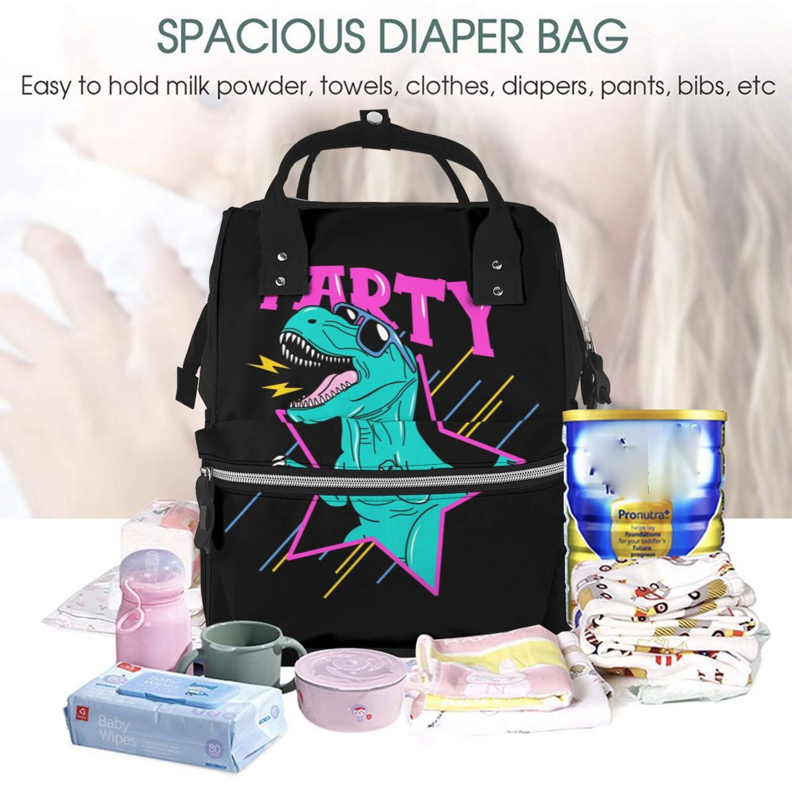 Ratiio Rex Dinosaur With Sunglasses Mummy Backpack - Waterproof Twill Canvas, Large Capacity Diaper Bag with Multiple Pockets and Adjustable Straps