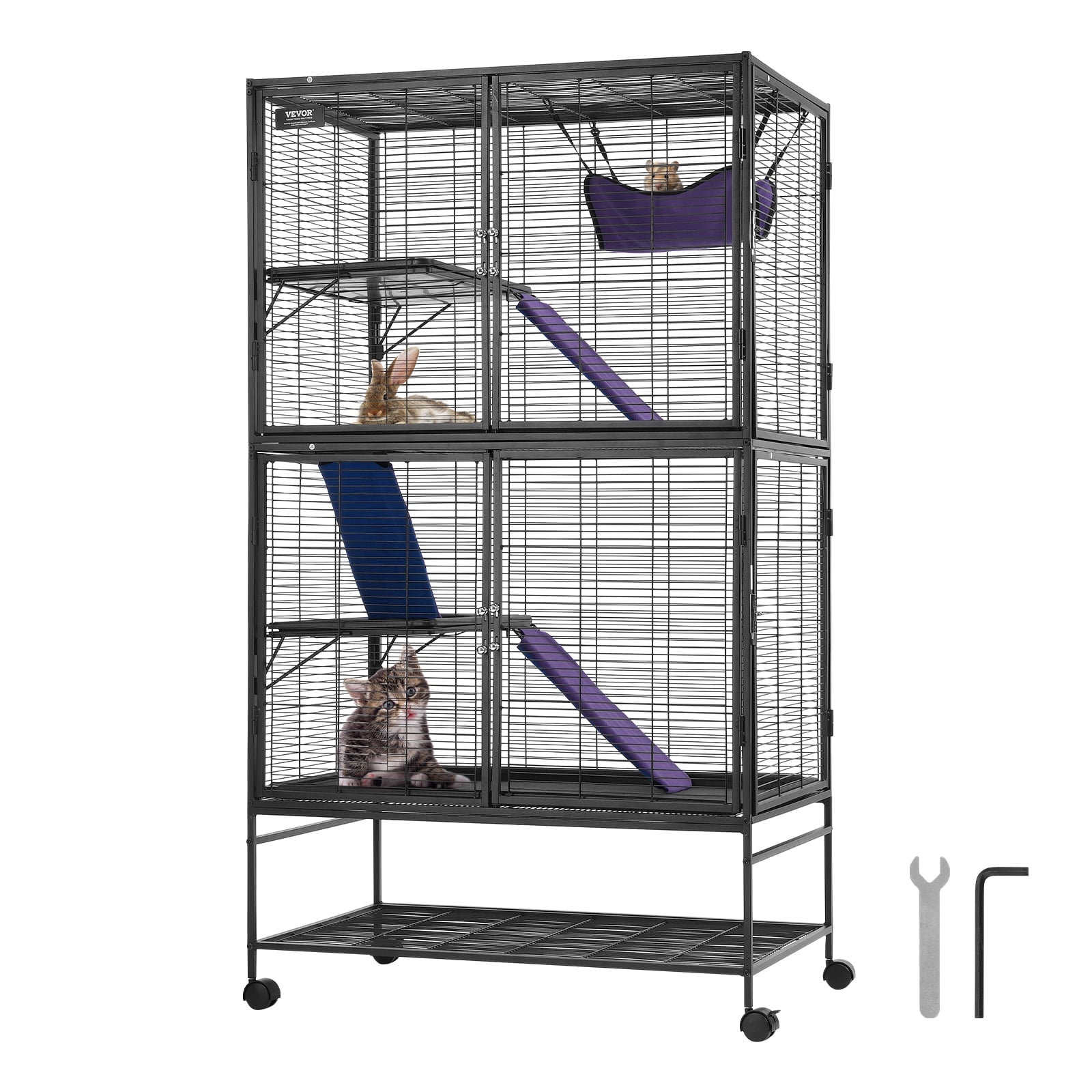 VEVOR 64.6" Rolling Metal Ferret Cage, Large 4-Tier Small Animal Cage with Ramps & Tray, Easy to Set up for Pet Rats, Hamster, Guinea Pig, Chinchilla, Squirrel, Hedgehogs, Bunny
