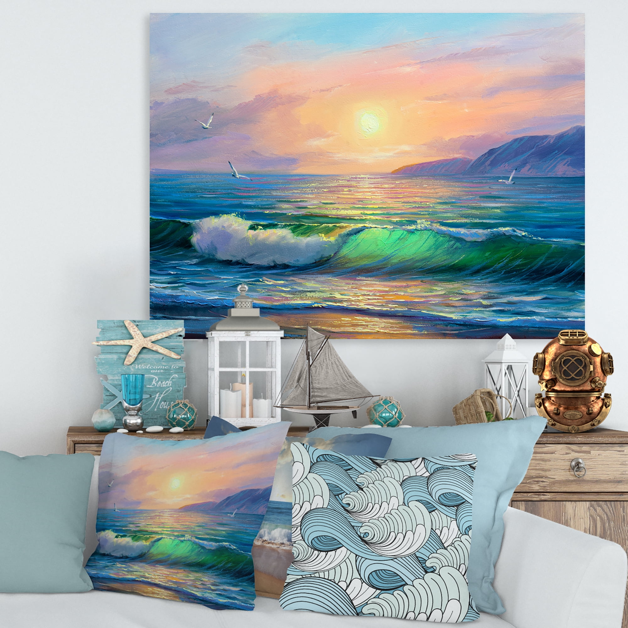 Blue Waves Breaking At The Beach Landscape V 40 in x 30 in Painting Canvas Art Print, by Designart