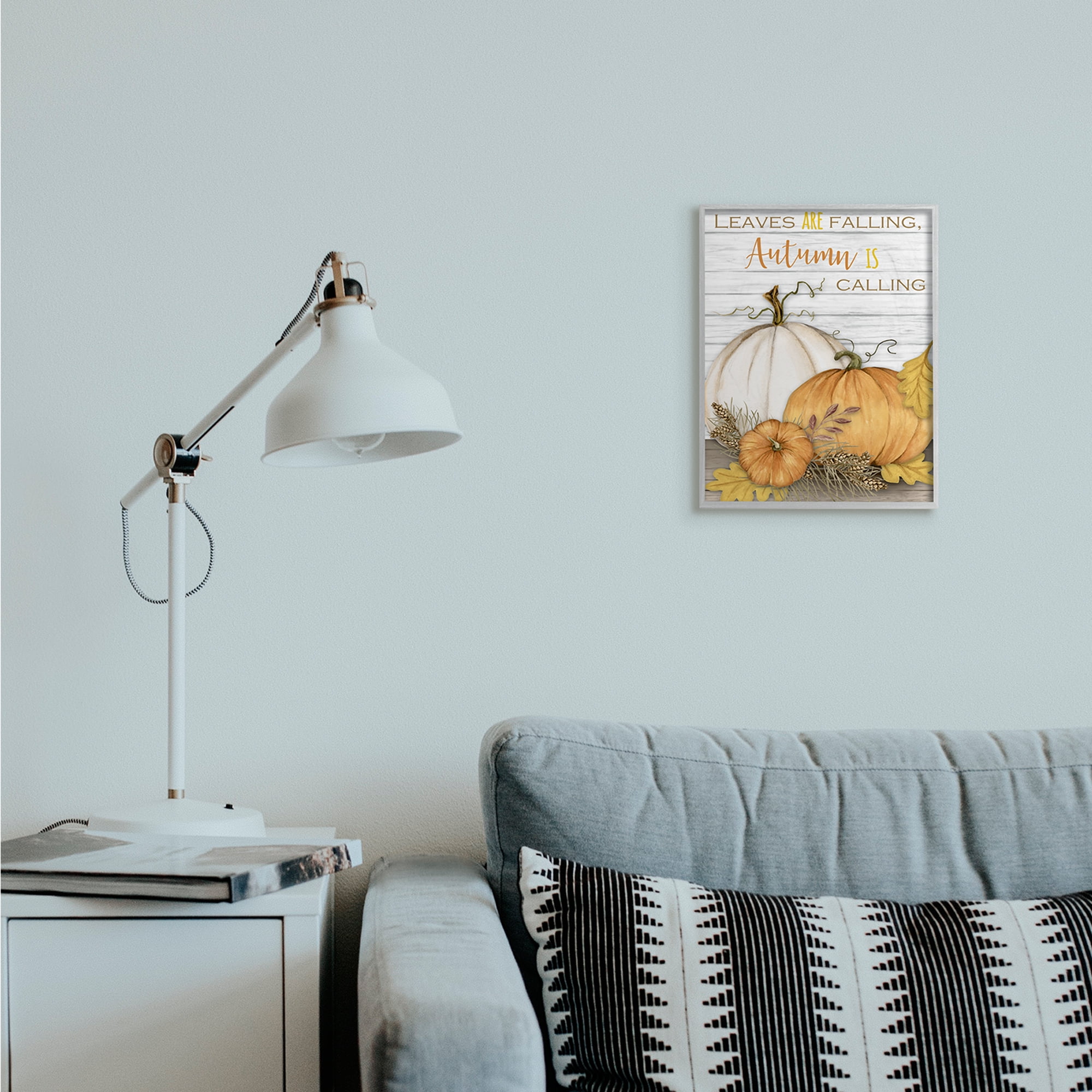 Stupell Industries Leaves Falling Autumn Calling Quote Farm Harvest Landscape Painting Gray Framed Art Print Wall Art, 11 x 14