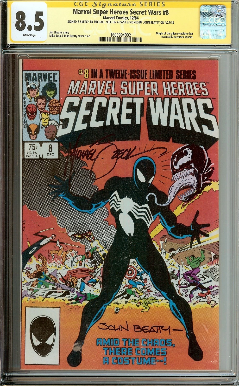 Secret Wars #8 CGC 8.5 Signed Mike Zeck John Beatty 1st Black Costume. Venom