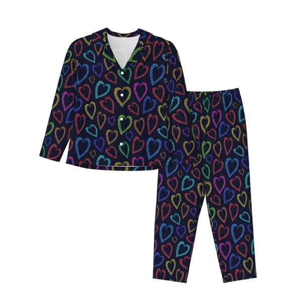 Balery Colored Hearts Conjunto de Pijama con Estampado para Mujer, Conjunto de Dos Piezas con Manga Larga, Ropa de Dormir Suave con Bolsillos, Pijamas Cómodos-Small