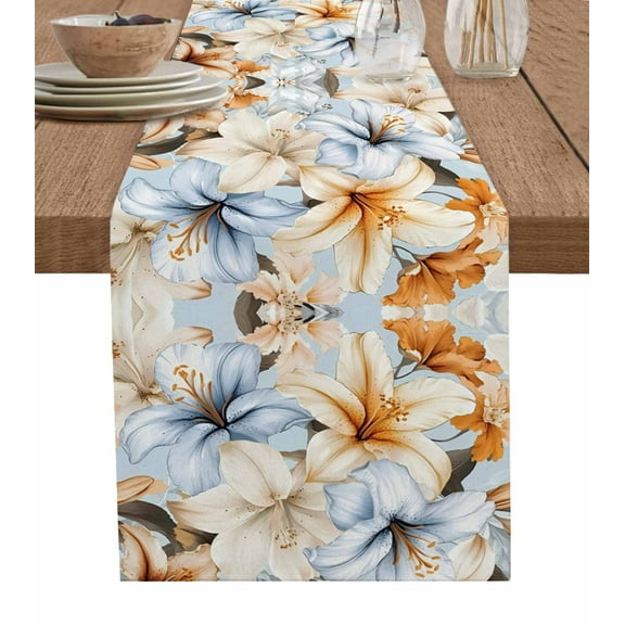 Spring Floral Burlap Cotton Table Runner 13x108 Inches Long, Vintage Orange Blue Botanical Blooming Farmhouse Table Runners, Outdoor Dining Tablecloths Decor for Baby Shower/Party/Wedding