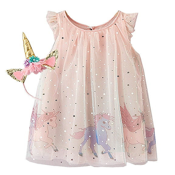 WIBACKER 2-6T Toddler Baby Girl Unicorn Stars Sequins Dress Loose Mesh Tulle Dress for Kid