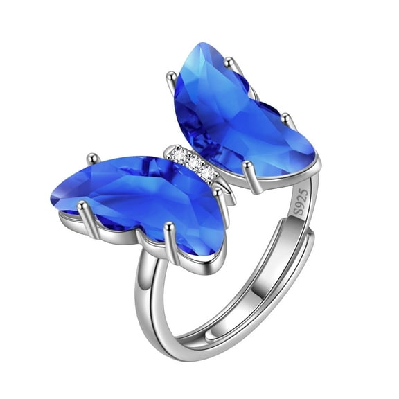 September Birthstone Ring Sapphire Blue Butterfly Rings Adjustable Crystal 925 Sterling Silver Women Mother's Day Gift Birthday Jewelry