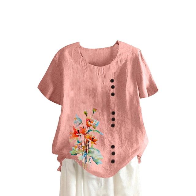 Camisetas de Manga Corta para las Mujeres Botón de Impresión Casual Cuello Redondo Camiseta Superior, Blusas para las Mujeres Casual