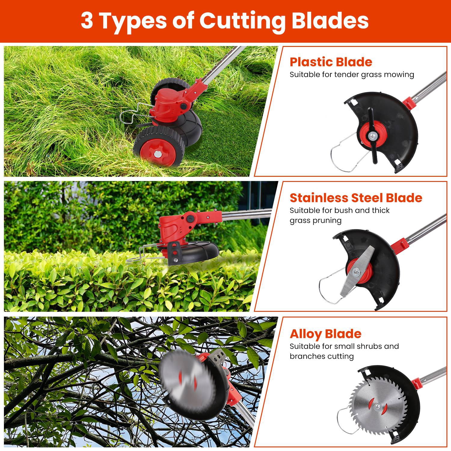 TeqHome String Trimmer Cordless Electric Weed Wacker with Wheels and 2x2.5Ah Battery and Charger Adjustable Head Extendable Length Grass Trimmer for Lawn Garden Yard