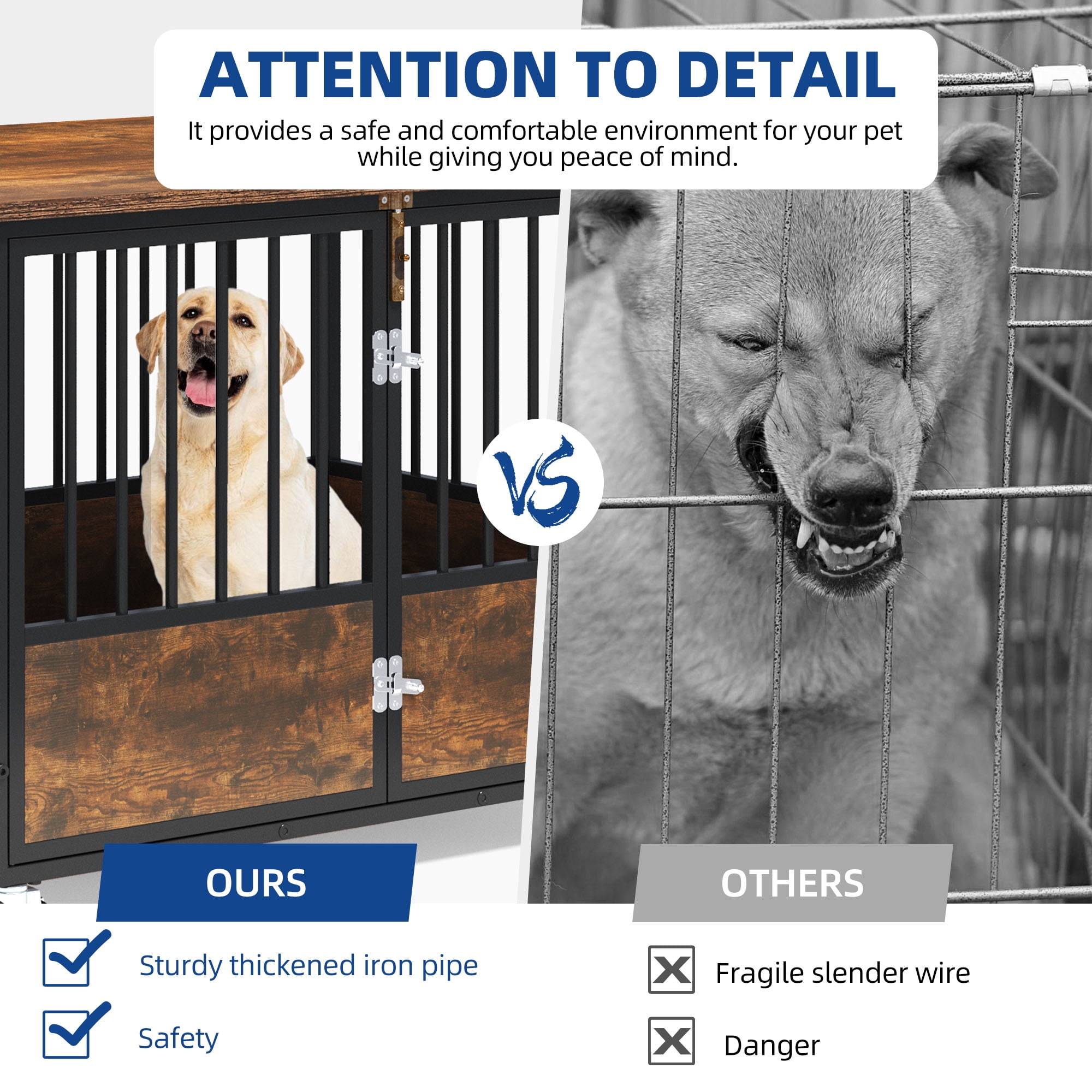 Uforic 43-Inch Wooden Dog Crate Furniture with Wheels and Double-Doors,Dog Kennel,Dog Cage for Indoor - Rustic Brown