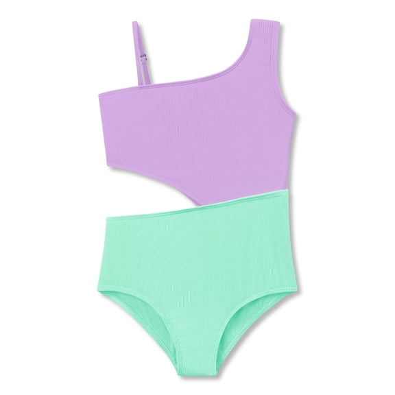 Serdomi Girls One Piece Swimsuit Trendy Purple Mint Rib Knit Color Block Side-Cutout Bathing Suit for Little & Big Kids Size 10