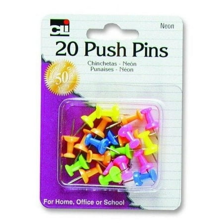 Charles Leonard Push Pins, Assorted Neons, 20-Pack (20205)
