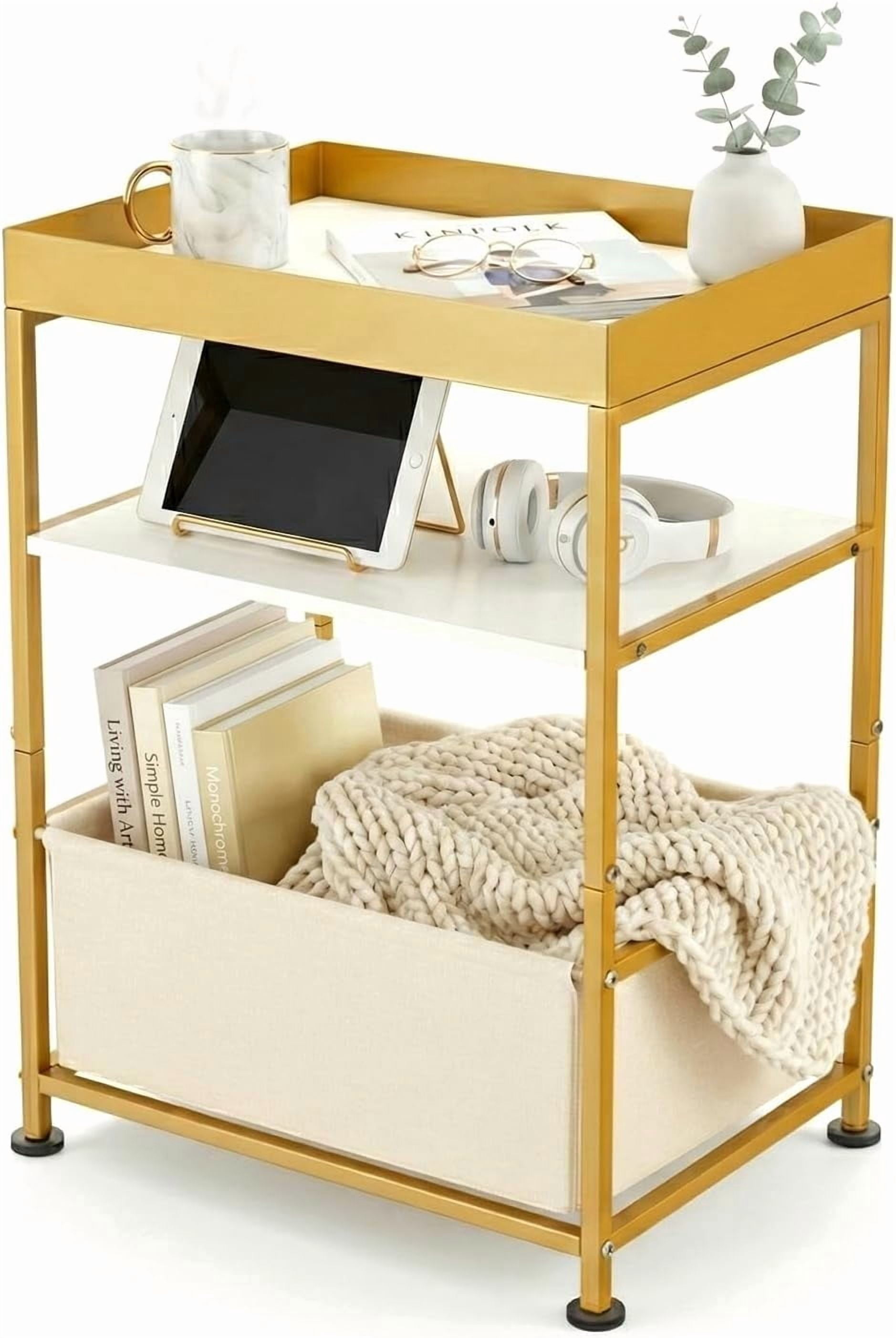 Narrow Gold Side Table with Storage, Small White End Table with Fabric Bin & Tray Top, Modern 3 Tier Nightstand Slim Bedside Table for Nursery, Bedroom, Teen Girls Dorm, Living Room