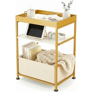 Narrow Gold Side Table with Storage, Small White End Table with Fabric Bin & Tray Top, Modern 3 Tier Nightstand Slim Bedside Table for Nursery, Bedroom, Teen Girls Dorm, Living Room