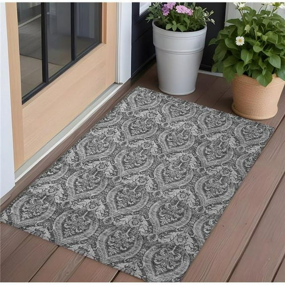 HomeRoots 563871 2 x 3 ft. Gray Damask Washable Non Skid Indoor Outdoor Rectangle Machine Woven Area Rug
