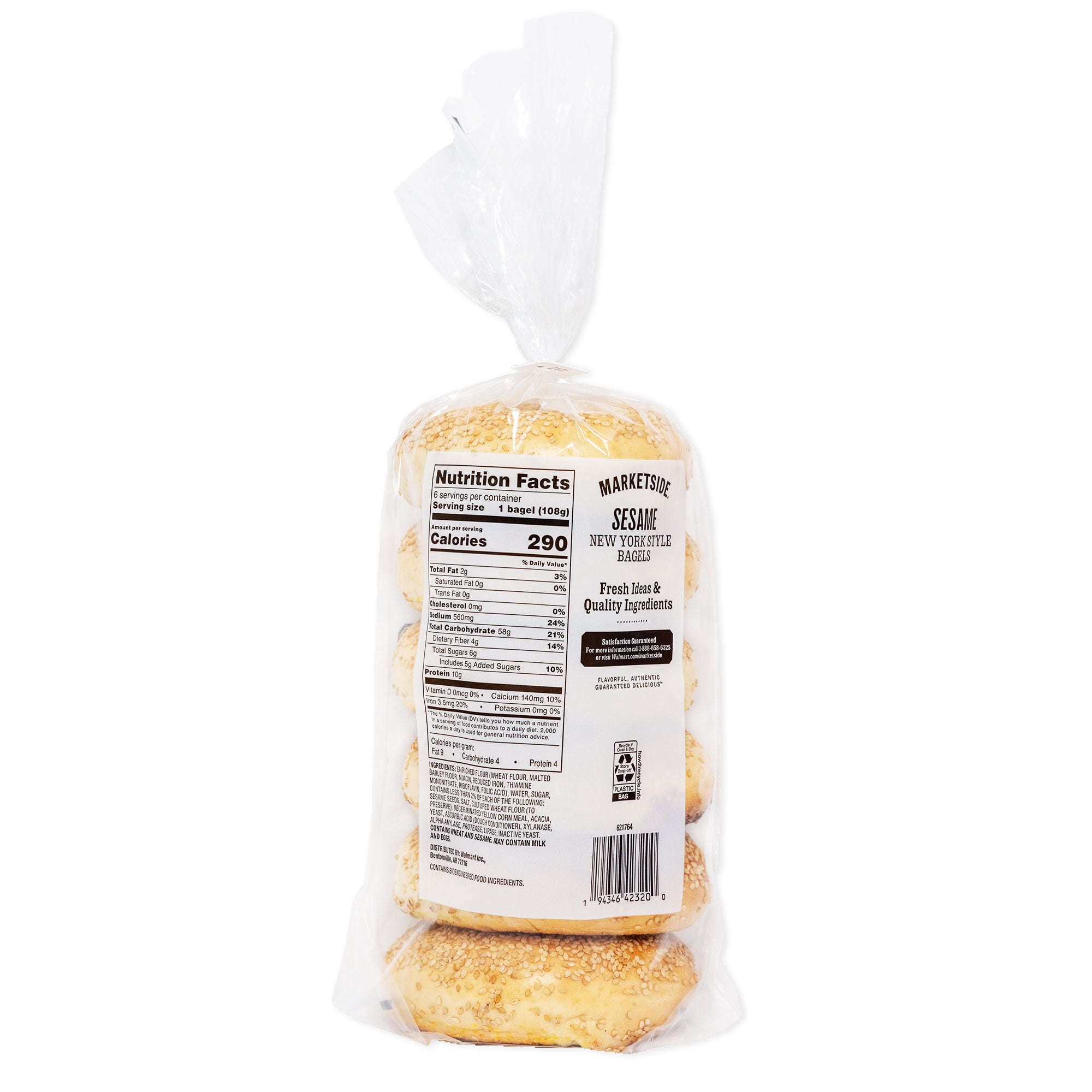Marketside Fresh Sesame Bagels, Wheat and Barley Flour, Shelf-Stable, 22.8 oz, 6 Count