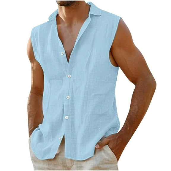 Levmjia Men's Linen Shirt Sleeveless Beach Shirt Cotton Linen Blend Top Men's Tank Top Shirt Casual Summer Shirt Flip Collar Shirt Sizes S-3XL