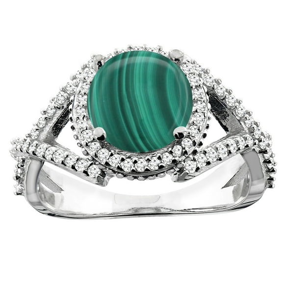 14K White Gold Natural Malachite Ring Round 8mm Diamond Accent, size 9.5