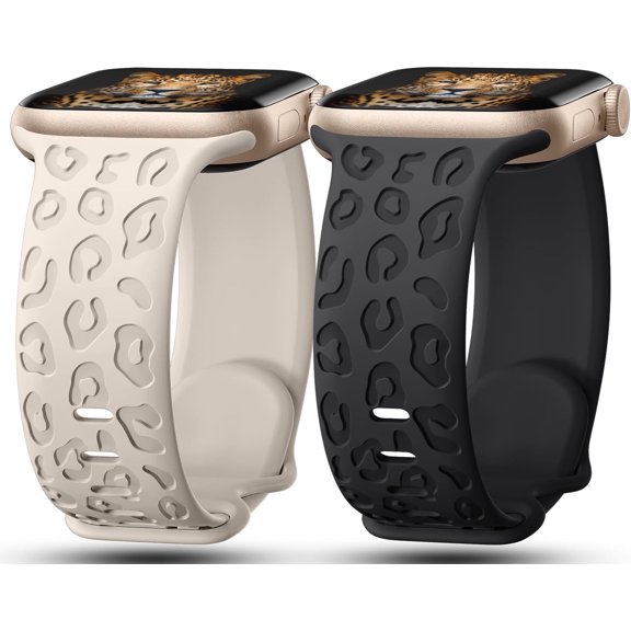 2Pack Leopard Engraved Bands Compatible with Apple Watch Band 41mm 40mm 38mm 49mm 46mm 45mm 44mm 42mm Women, Silicone Cheetah Sport Strap for iWatch S