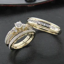 Aishvi Jewels Round Cut White Diamond Engagement & Wedding Ring Sets 2.20 ct. t.w 14k Yellow Gold Plated Silver