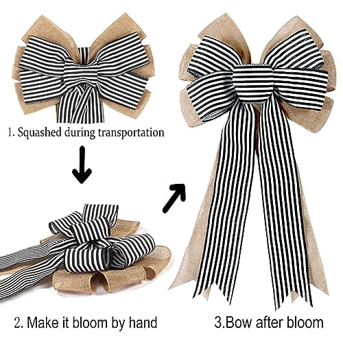 2 Pack Rustic Burlap Bows with Black and White Stripes for Wreaths, Farmhouse Decor, Holiday Crafts, Wedding Party, Tree Topper, and Home Front Door Decorations