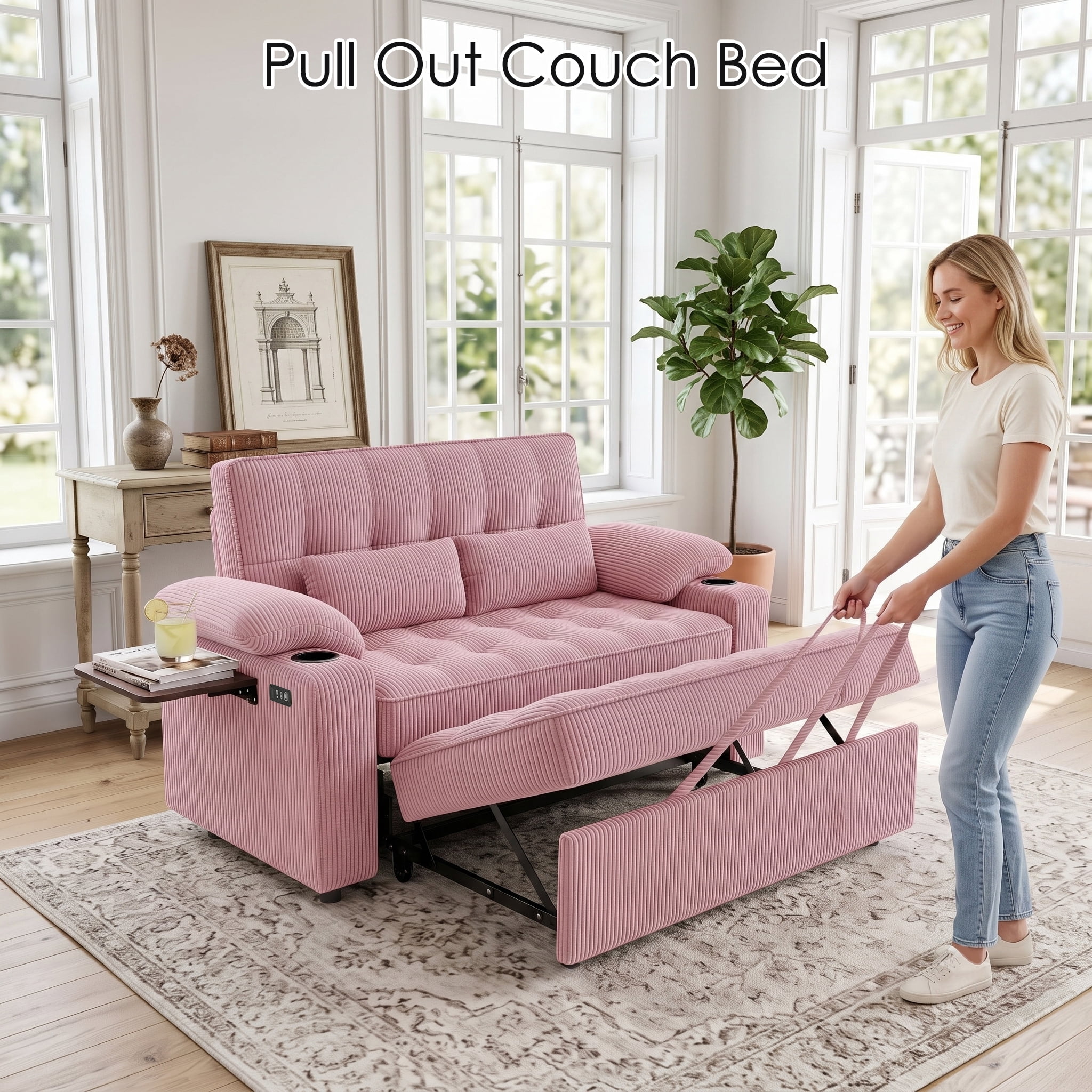 58" Convertible Sleeper Sofa Bed, Full Size Pull Out Couch with USB Charging, Cup Holders, Side Table, Adjustable Backrest, Corduroy Loveseat for Living Room, Apartment, Office (Pink)