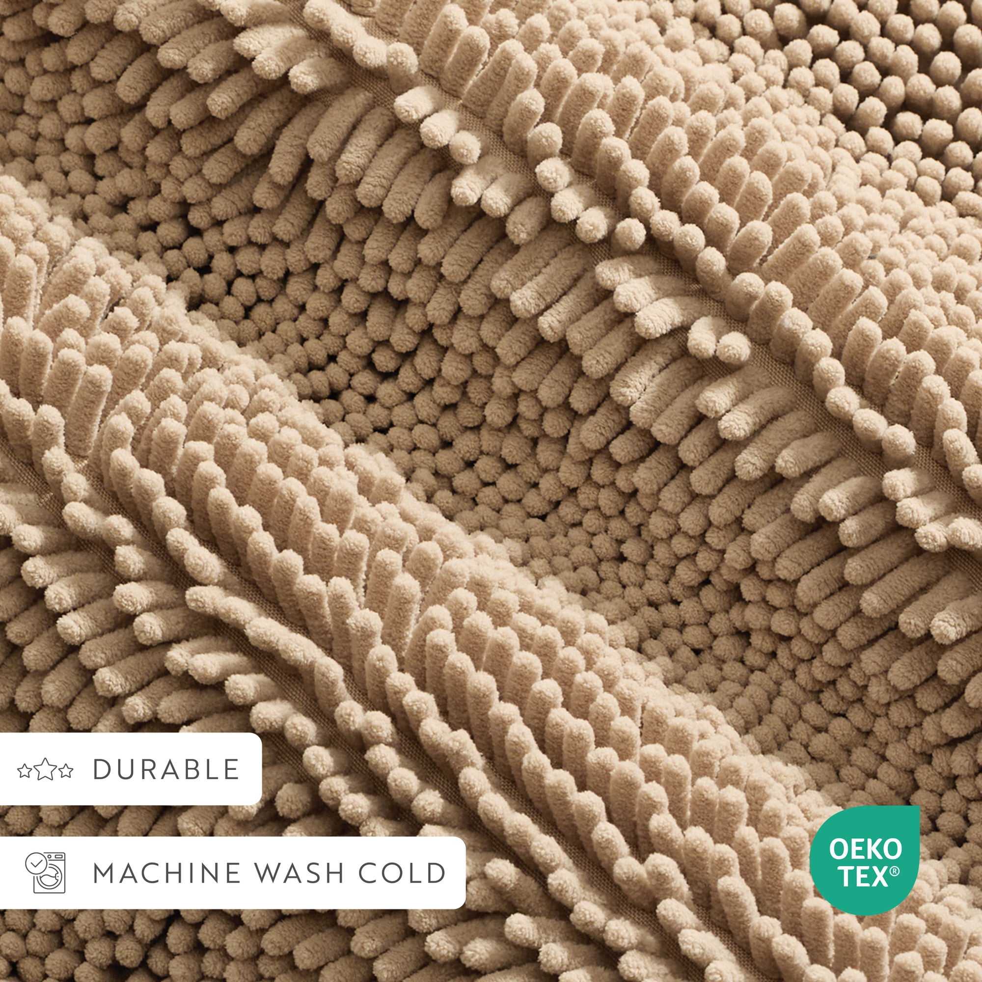 Soft Absorbent Chenille Bath Mat Rug with Anti-Skid Rubber Backing, 34 x 21, Tan, by Noble Linens