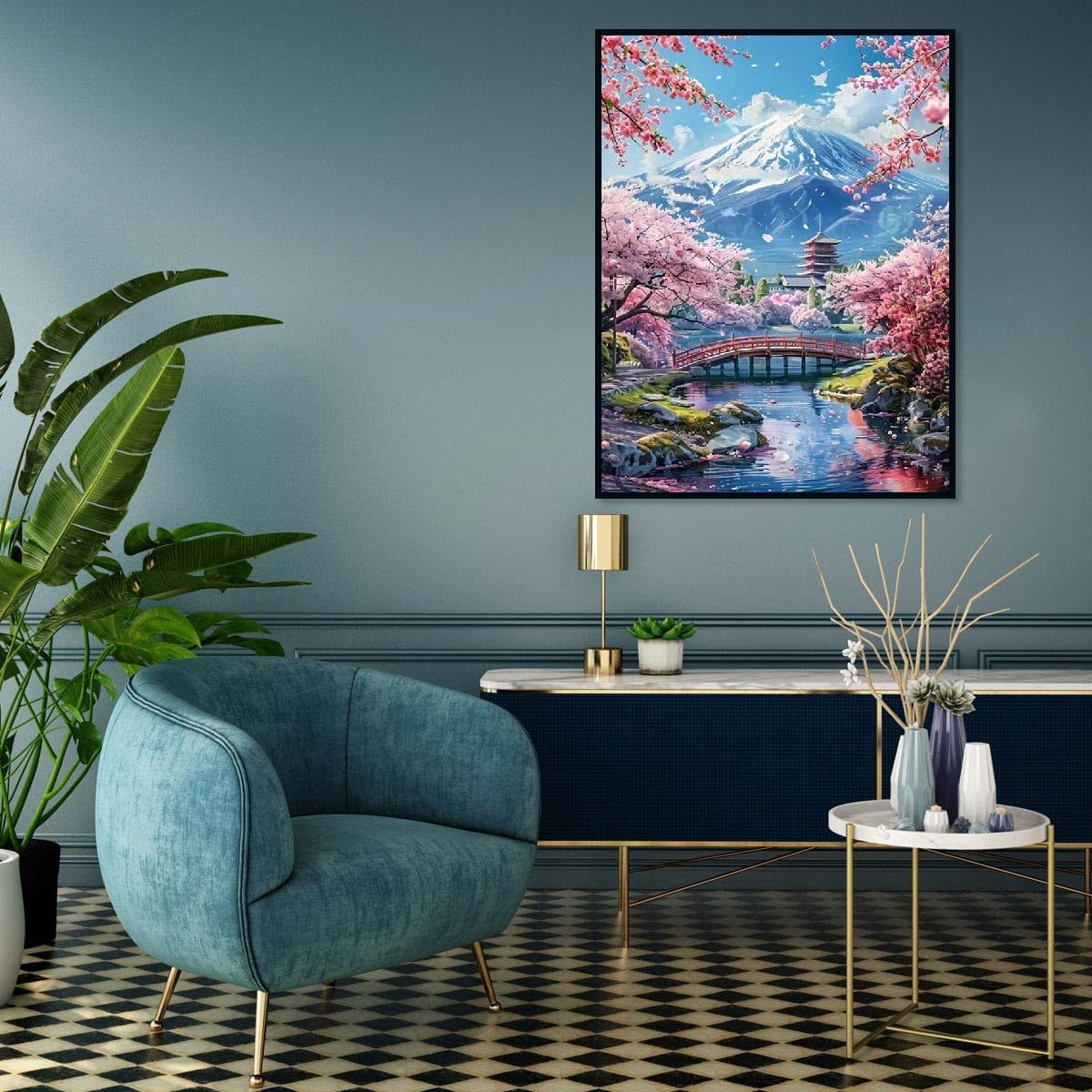 5D Mount Fuji Diamond Painting Kits for Adult, Mountain Sakura Diamond Art Kits for Beginners, DIY Full Drill Floral Diamond Dot Gem Art Kits for Home Decor 16x20 Inch Cherry(40*50cm,  No Frame)
