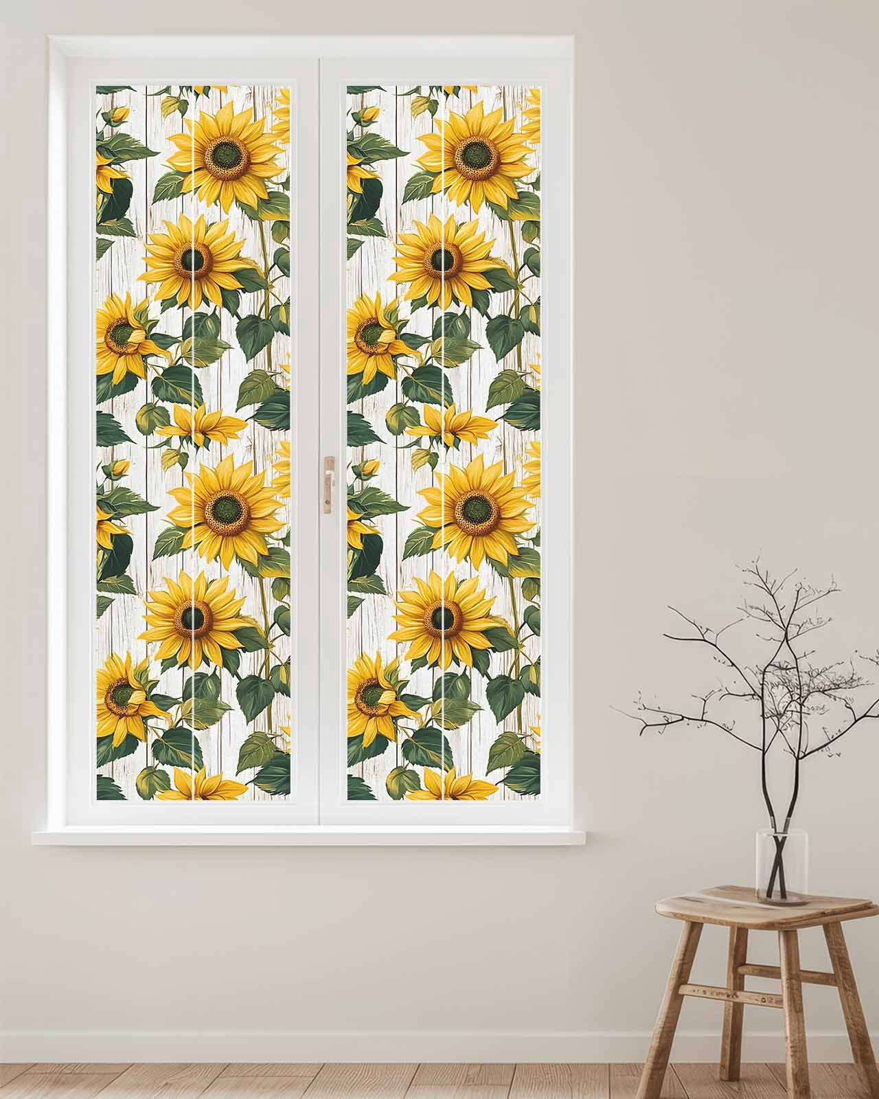 Window Privacy Film Rustic Sunflowers Stained Glass Window Film Decorative Sun Block Window Cover Farmhouse Botanical Flowers Wood Grain Window Clings Static Adhesive Sticker for Bathroom 23.6"x78.7"
