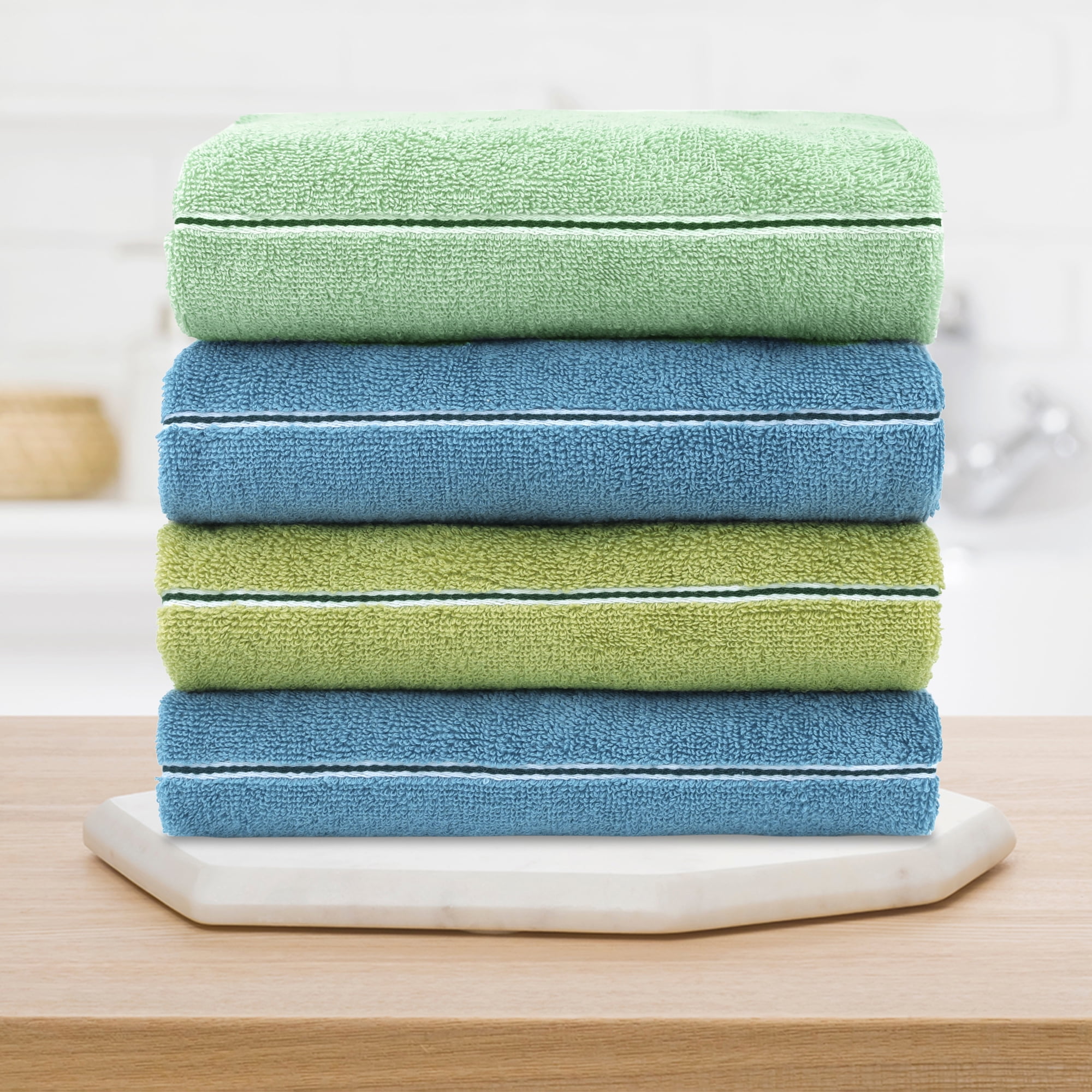 Unique Bargains 14" x 30" Striped Checked Hand Towels Blue/Light Green 6