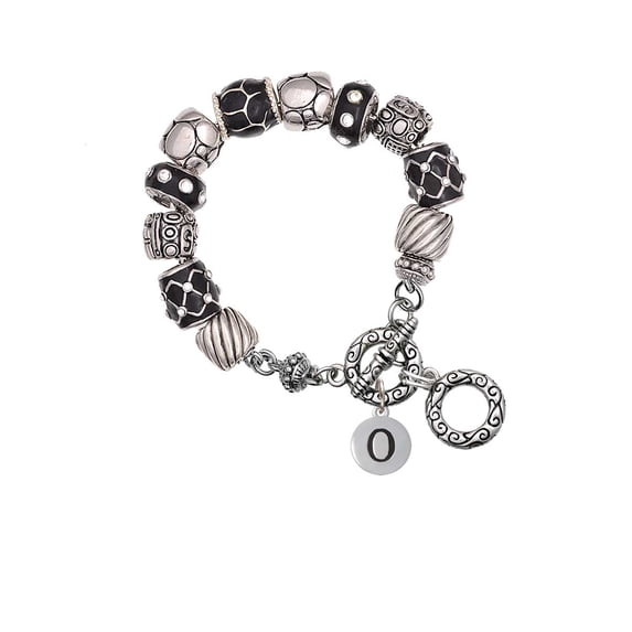 Silvertone Capital Letter - O - Pebble Disc - Black Pebble Bead Charm Bracelet