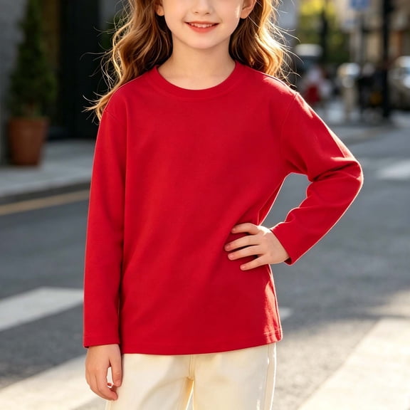 Amidoa Girls Cotton Long Sleeves Cute Cotton T-Shirts Kids Casual Tees Red 6-7 Years