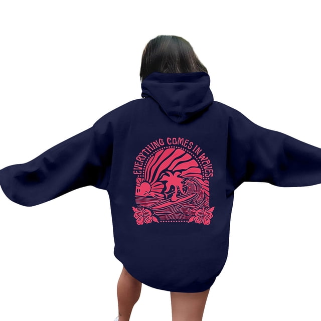 Sudadera con capucha Pink Palm Puff para mujer, sudadera con capucha de gran tamaño en rosa 2024 Preppy Casual Linda sudadera, sudadera con capucha Pink Palm Puff Tops Marina de guerra XXXL