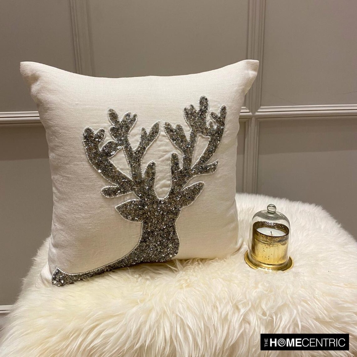 Holiday Decorative Throw Pillow cover, 16"x16" White & Silver Linen Pillowcase, Modern Reindeer Head Christmas Pillow Cover For Sofa Couch, Hotels, living Room, Bed Room - Dazzling Deer