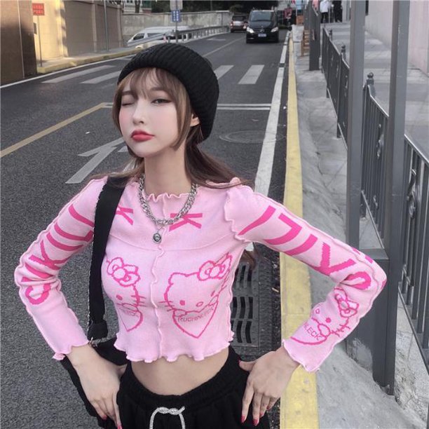 De Dibujos Animados Sanrio Hello Kitty Lindo Suéter De Punto Sexy Camiseta De Moda Chamarra Corta Mujeres Caliente Superior De Laspangjing