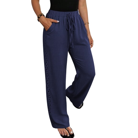 TEMOFON Women's Wide Leg Linen Pants High Waisted Drawstring Lounge Pants with Pockets Casual Summer Beach Vacation Palazzo Trousers