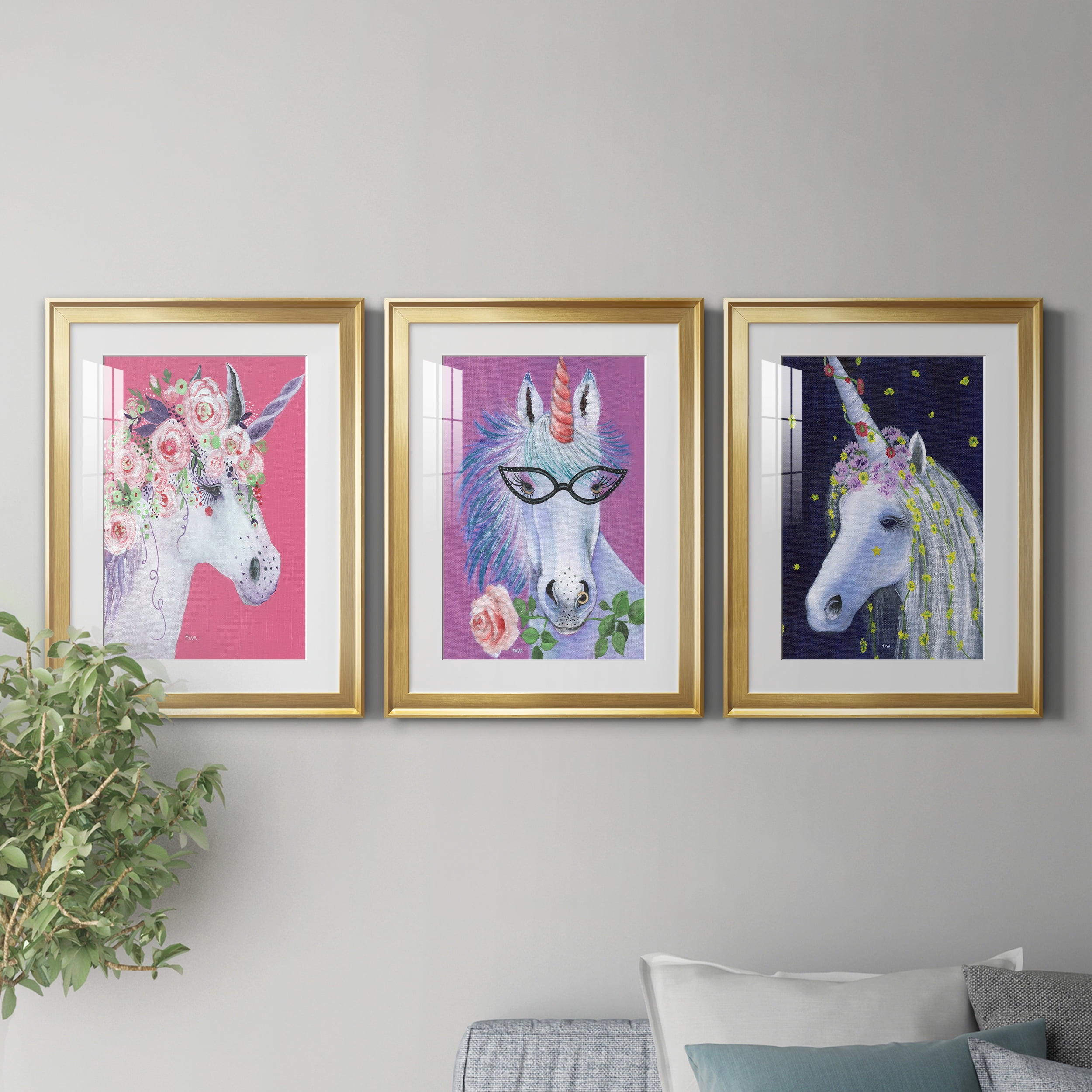 Unicorn II Premium Framed Prints Set of 3 - Ready to Hang - 18 x 24 Each - Gold Frame