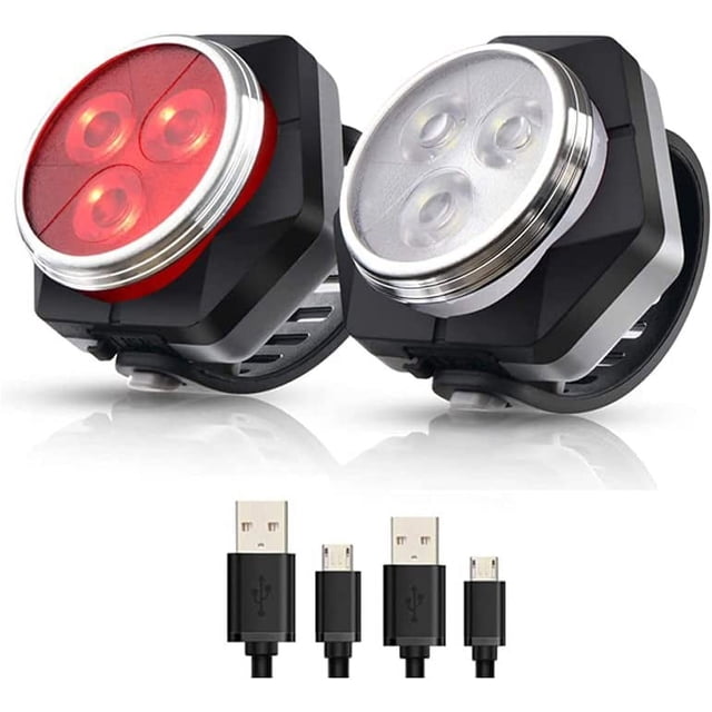 Luz de bicicleta recargable e impermeable, luces LED delanteras y traseras, 4 modos de brillo, luz blanca delantera y luz trasera roja, impermeable, incluye 2 cables USB.