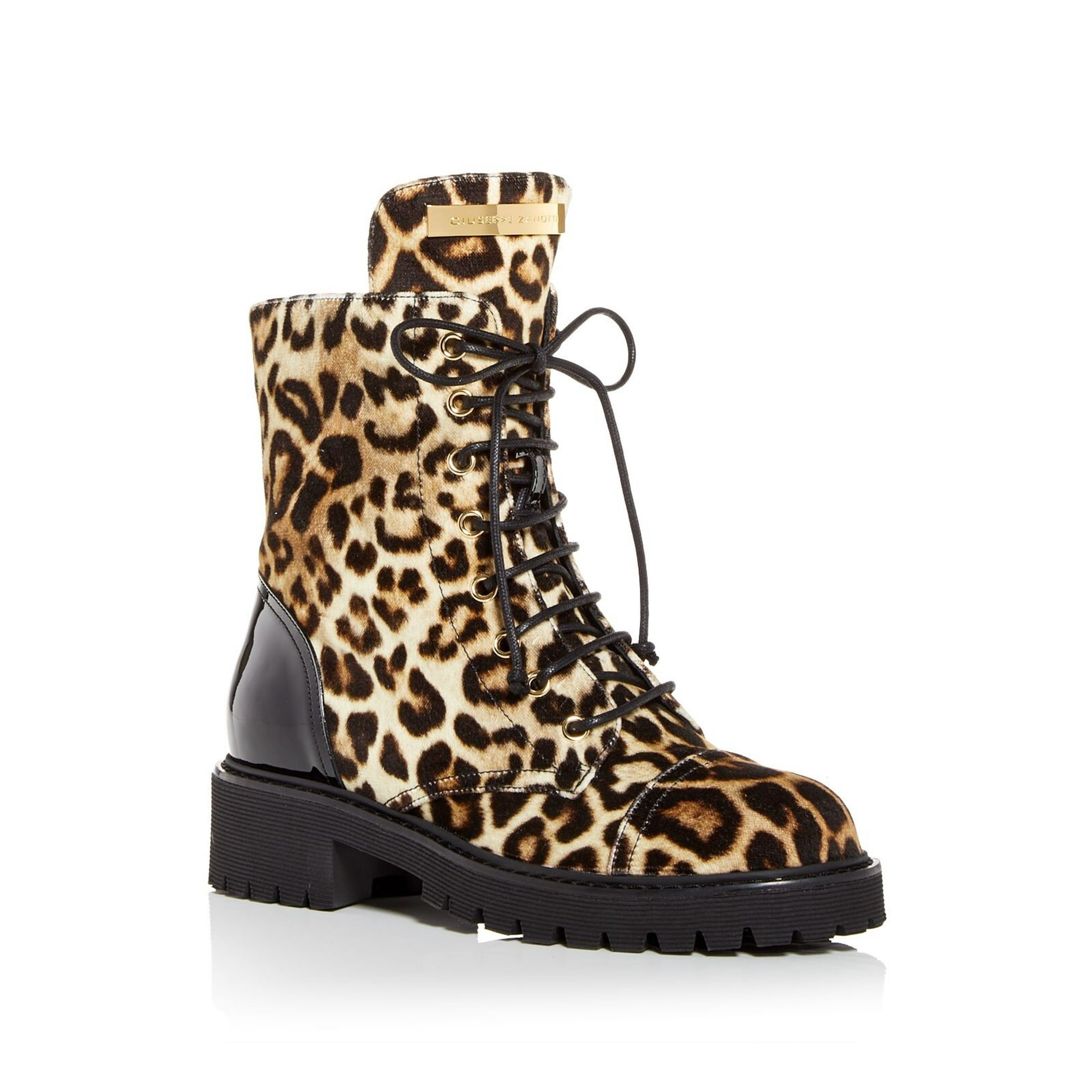 GIUSEPPE ZANOTTI Womens Brown Leopard Print Lace Up Metallic Logo Padded Round Toe Block Heel Zip Up Combat Boots 36 Walmart
