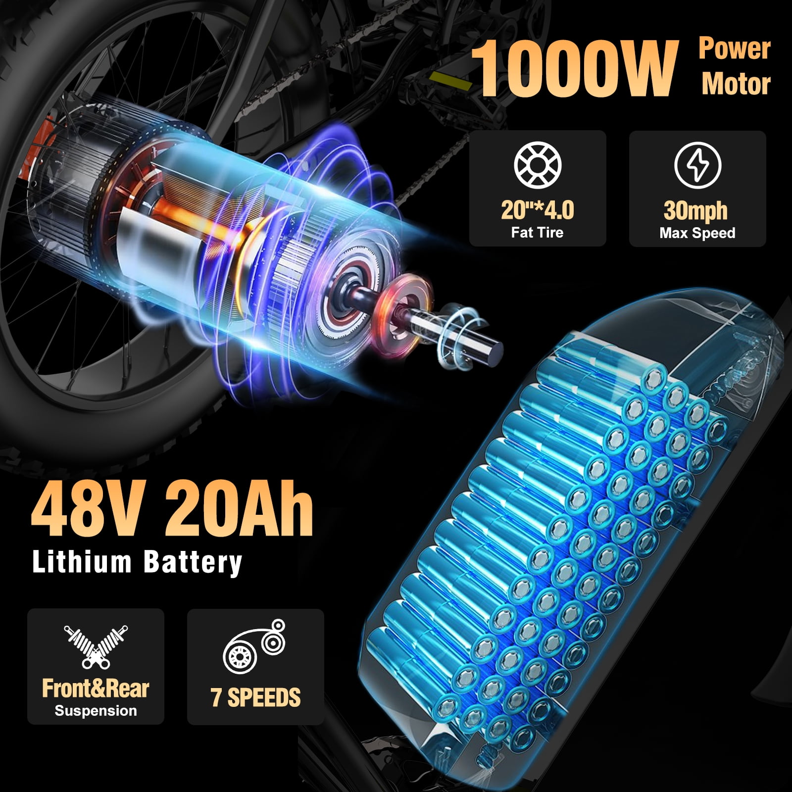 750W MTB Electric Bicycle 48V 20Ah Removable Battery E-BikeElectric Bike for Adults 20" Fat Tire Electric Motorcycle, Shimano 7 speed Full Suspension Electric Bicycle UL2849